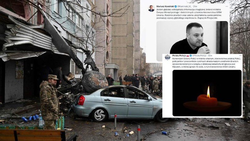Napływają kondolencje po wypadku helikoptera, w którym zginął m.in. szef MSW Ukrainy Denys Monastyrski /Twitter @PolskaPolicja ; @Kaminski_M_ / SERGEI SUPINSKY/AFP /East News