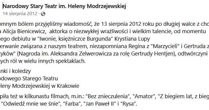 Narodowy Stary Teatr żegna Alicję Bienicewicz /materiały prasowe