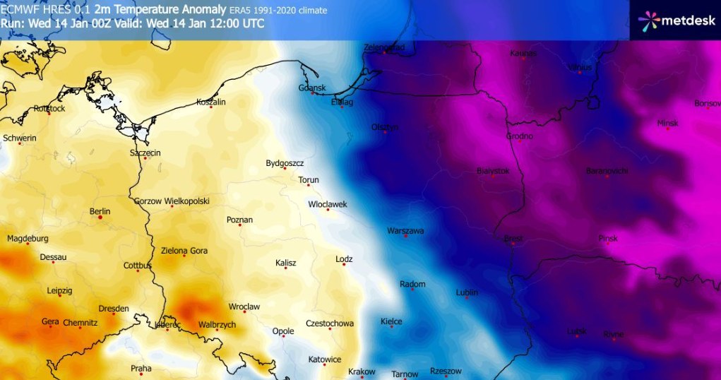 Nastąpi wyraźny podział pogodowy. Na północnym wschodzie utrzymają się silne mrozy, zaś na zachodzie i południu wyraźnie zaznaczy się odwilż /WXCharts /