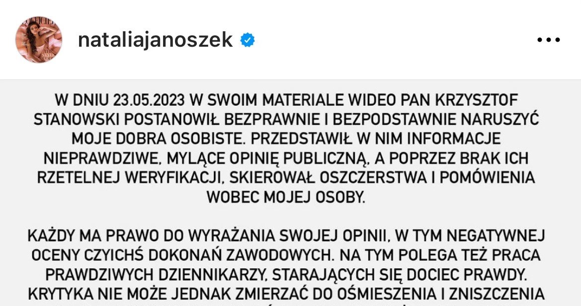 Natalia Janoszek wydała oświadczenie. /Instagram @nataliajanoszek /Instagram