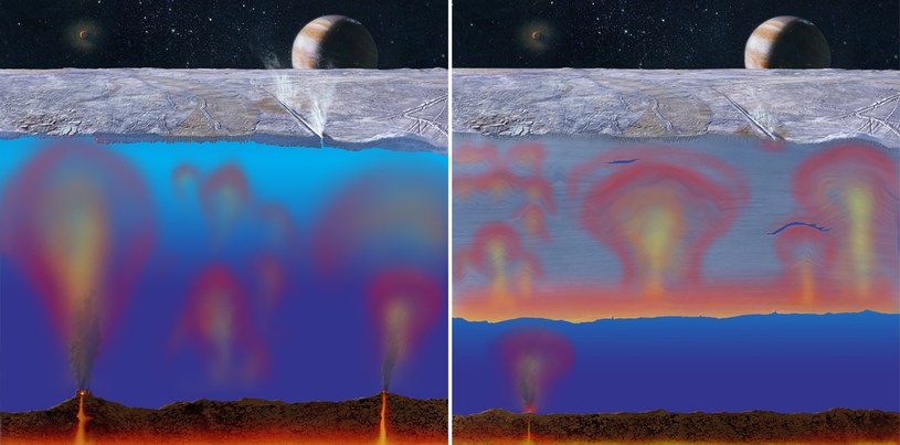 Naukowcy są prawie pewni, że Europa posiada ocean pod swoją lodową powierzchnią, który "ogrzewany" jest przez kominy hydrotermalne /Michael Carroll/NASA/JPL /domena publiczna