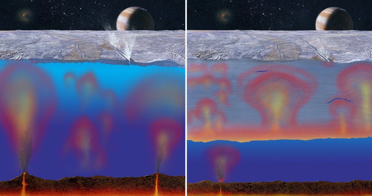 Naukowcy są prawie pewni, że Europa posiada ocean pod swoją lodową powierzchnią, który "ogrzewany" jest przez kominy hydrotermalne /Michael Carroll/NASA/JPL /domena publiczna