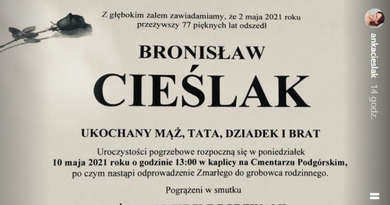 Nekrolog Bronisława Cieślaka na swym Instagramie udostępniła Anna Cieślak, bratanica aktora /materiały prasowe