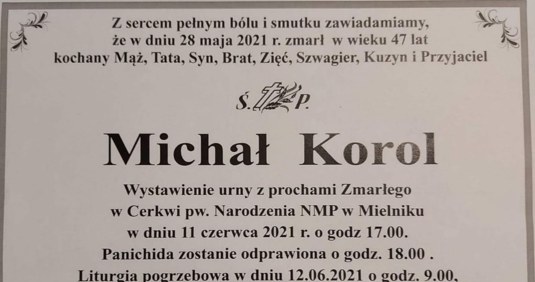 Nekrolog informujący o śmierci Michała Korola /Źródło: AIM