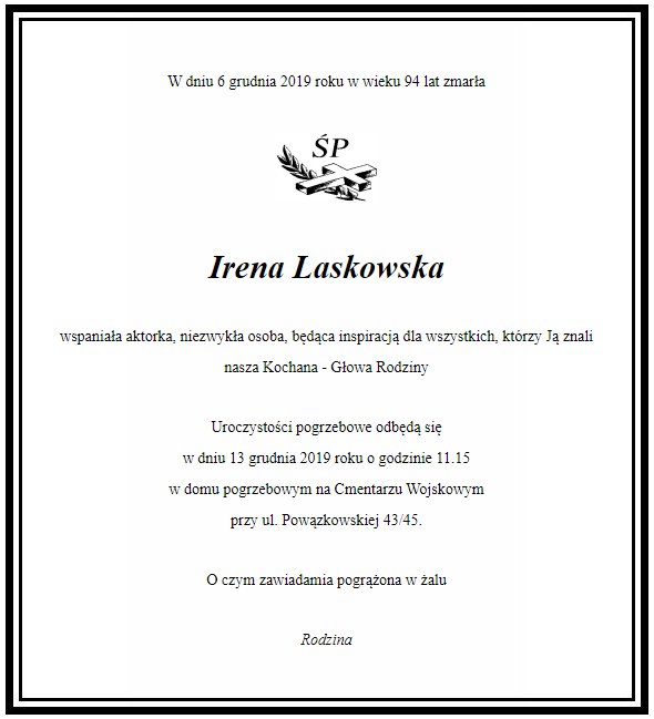 Nekrolog Ireny Laskowskiej /materiały prasowe