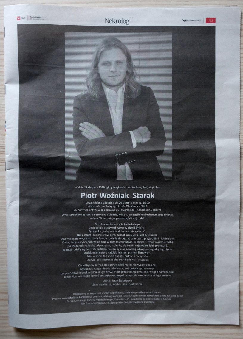 Nekrolog Piotra Woźniaka-Staraka, zamieszczony 26 sierpnia 2019 roku w dzienniku "Rzeczpospolita" /INTERIA.PL