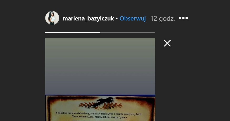 Nekrolog zamieszczony przez Marlenę (Screen: InstaStories) /Instagram
