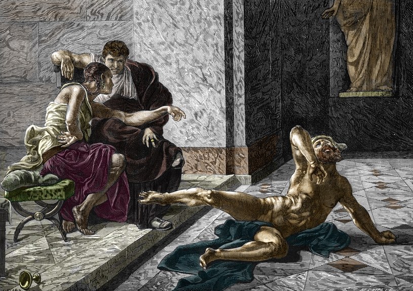 Neron przygląda się, jak Lucusta testuje truciznę na niewolniku. Rycina na podstawie obrazu Josepha Noela Sylvestre /Getty Images
