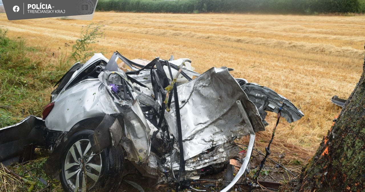 Niecodzienny wypadek nieopodal Nowego Miasta nad Wagiem. Hyundaia i30 rozerwało na dwie części / fot. słowacka Policja /