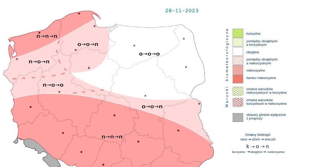 Niekorzystne warunki przez cały dzień będą panowały na południu i północy Polski. Na północnym wschodzie warunki będą obojętne /IMGW /
