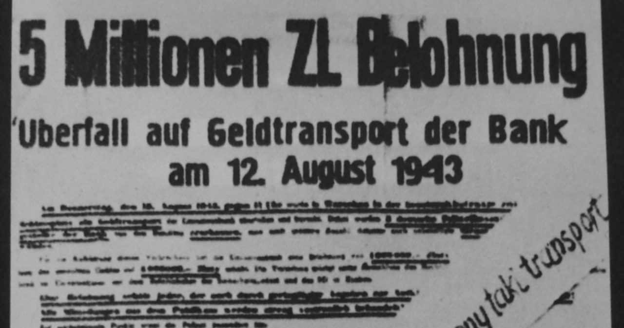 Niemiecki plakat z obiektnicą 5 mln zł nagrody za informacje o sprawcach napadu na konwój Banku Emisyjnego /Wikipedia