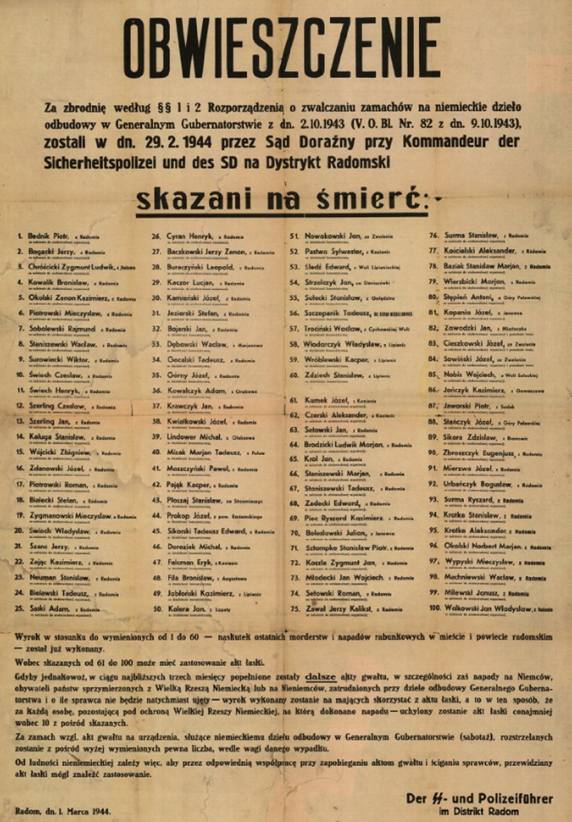 Niemieckie obwieszczenie z lutego 1944 o skazaniu 100 Polaków na śmierć za „zamach na dzieło niemieckiej odbudowy Generalnego Gubernatorstwa” /domena publiczna