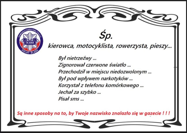 Nietypowe nekrologi - ostrzeżenie dla kierowców i pieszych /KPP Oława /Policja