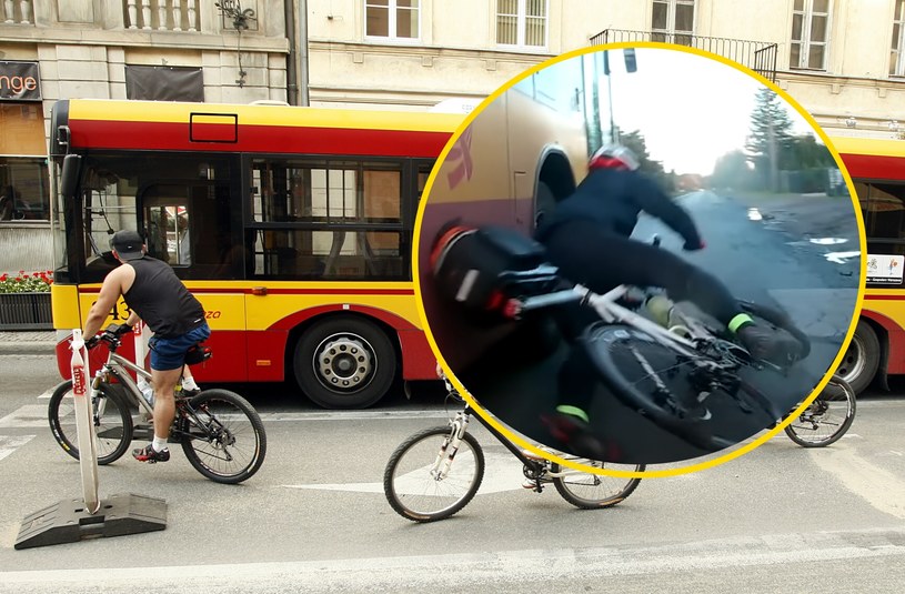Niewiele brakowało, by rowerzysta dostał się pod koła autobusu /Adam Guz /Reporter