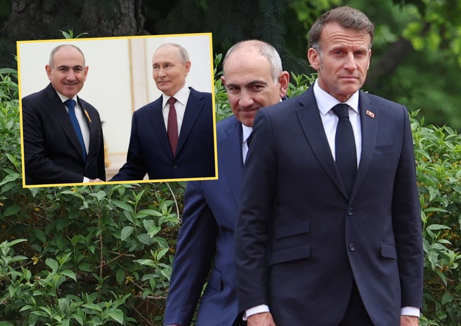 Nikola Paszynian z Władimirem Putinem i Emmanuelem Macronen /PAVEL BEDNYAKOV/AP POOL /PAP