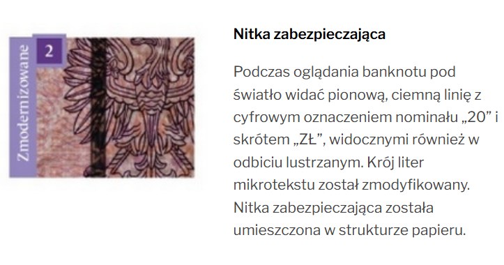 Nitka widoczna pod światło na banknocie to jedno z głównych zabezpieczeń 20 zł /NBP /materiał zewnętrzny