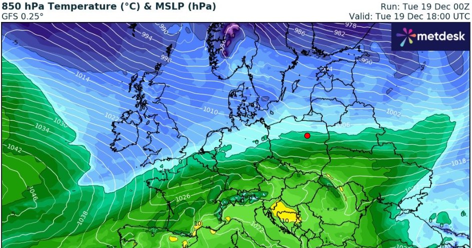 Niż Xavi i wyż Fiona I podzielą pogodowo Polskę na spokojniejsze południe i bardziej deszczową północ /wxcharts /