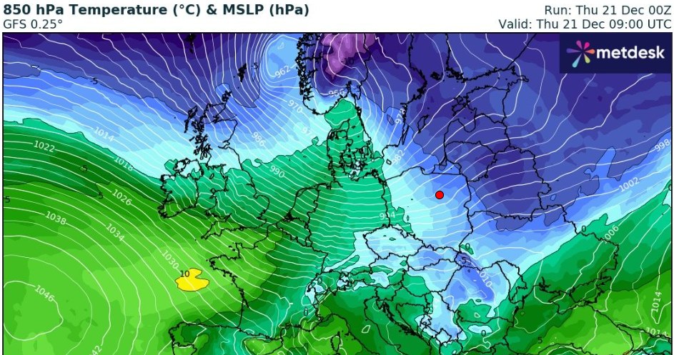 Niż Zoltan przyniesie do Polski ciężką pogodę z opadami i porywistym wiatrem. Temperatury w ciągu dnia wyniosą od 2 do 9 stopni Celsjusza /wxcharts /