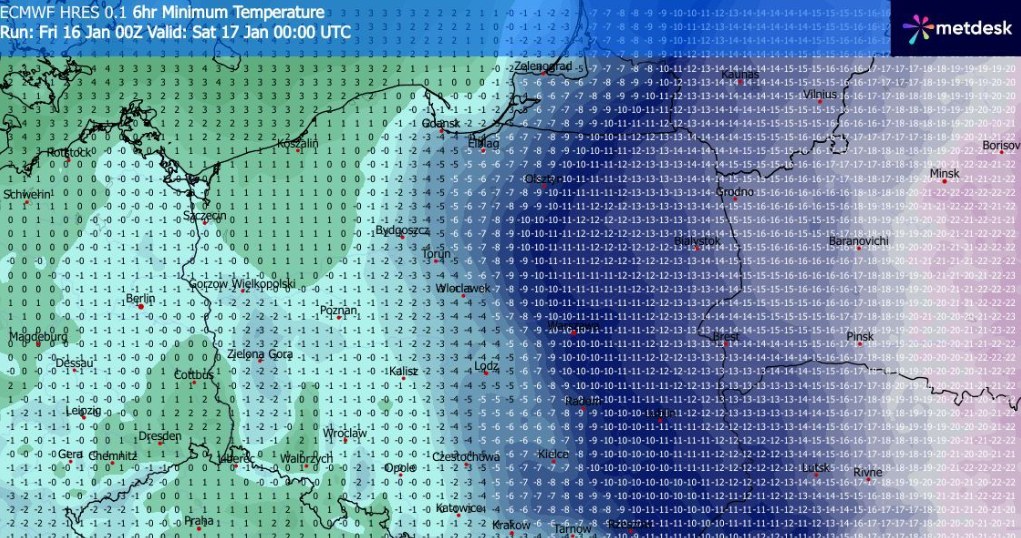 Noc przyniesie silne, kilkunastostopniowe mrozy w dużej części wschodniej Polski. Wyraźnie cieplej wciąż będzie miejscami na zachodzie /WXCharts /