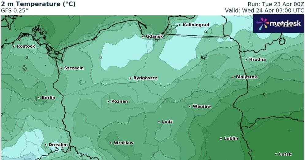 Noc z wtorku na środę będzie chłodna na północy. Z kolei na południu niż Biruta przyniesie sporo opadów deszczu i deszczu ze śniegiem /wxcharts /
