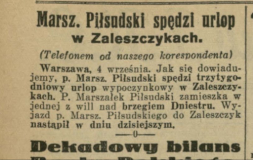 Nota na temat rozpoczęcia przez Piłsudskiego urlopu w Zaleszczykach na łamach "Ilustrowanego Kuriera Codziennego" /Małopolska Biblioteka Cyfrowa /domena publiczna