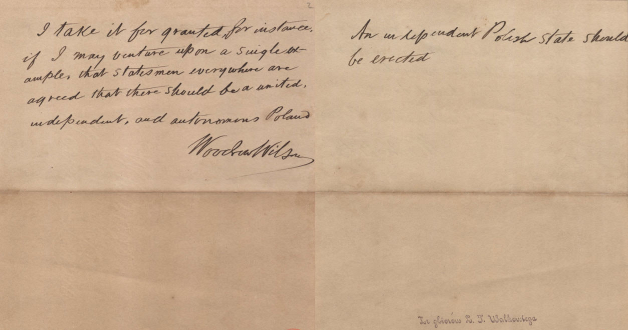 Nota Wilsona, w której Prezydent Woodrow Wilson zawarł 13 punkt orędzia wygłoszonego 100 lat temu, 8 I 1918 r. w Kongresie USA. "Powinna powstać niezależna Polska"! /Archiwum Akt Nowych