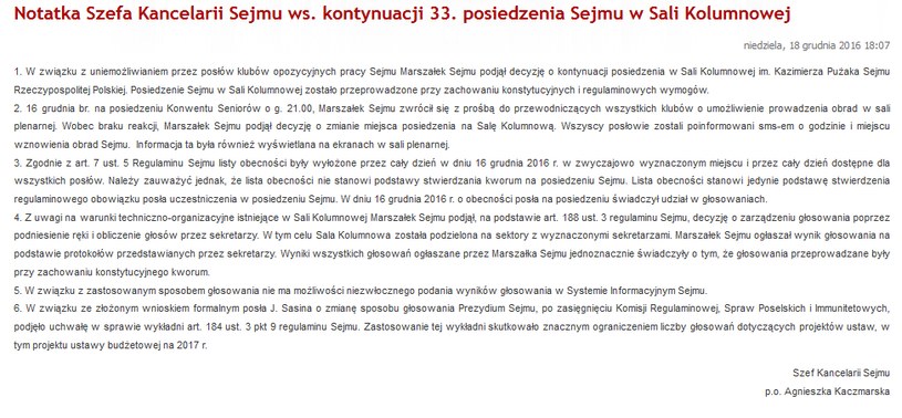 Notatka Szefa Kancelarii Sejmu ws. kontynuacji 33. posiedzenia Sejmu w Sali Kolumnowej /sejm.gov.pl /
