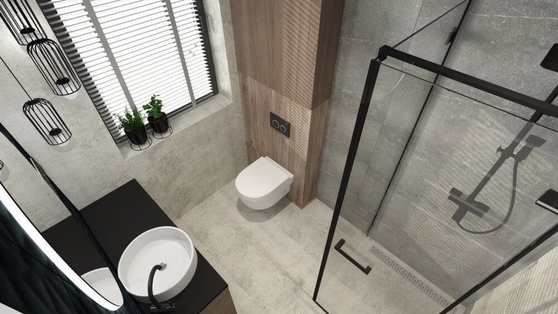 Nowoczesna aranżacja - mała łazienka w ciemnych kolorach, z drewnem, płytkami 3D, imitacją betonu i z czarnymi akcentami / pixabay.com /.