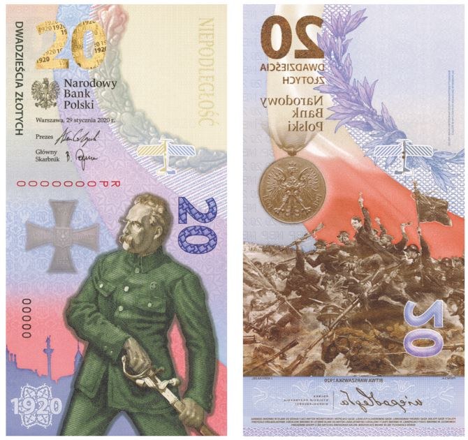 Nowy banknot kolekcjonerski NBP: "Bitwa Warszawska 1920" (strona przednia (L) i odwrotna (P) /NBP