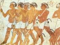 Nubia, zapaśnicy nubijscy ze swym godłem, rysunek z grobu Tjanunga pod Tebami, ok. 1450 r. p.n.e. /Encyklopedia Internautica