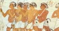 Nubia, zapaśnicy nubijscy ze swym godłem, rysunek z grobu Tjanunga pod Tebami, ok. 1450 r. p.n.e. /Encyklopedia Internautica