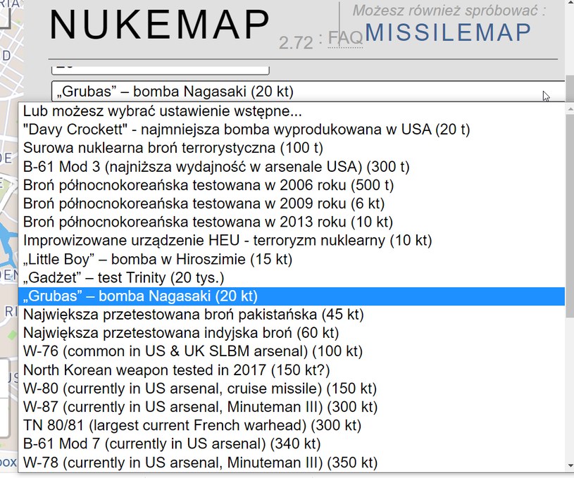 Nukemap proponuje symulacje najpopularniejszych ładunków jądrowych posiadanych przez mocarstwa atomowe /domena publiczna