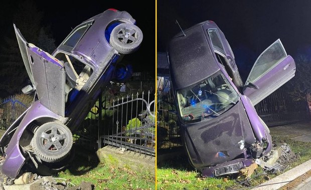O włos od tragedii. Auto stanęło niemal na sztorc
