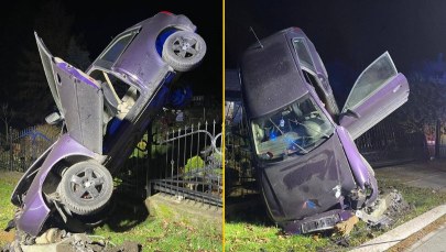 O włos od tragedii. Auto stanęło niemal na sztorc