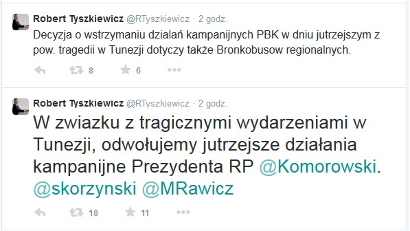 O zawieszeniu kampanii Komorowskiego poinformował Robert Tyszkiewicz /Twitter