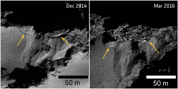 Oberwanie klifu w rejonie Ash. Zdjęcie po lewej wykonano 2 grudnia 2014 roku (przed zbliżeniem do Słońca) i 12 marca 2016 roku, gdy kometa juz się oddalała. /ESA/Rosetta/MPS for OSIRIS Team MPS/UPD/LAM/IAA/SSO/INTA/UPM/DASP/IDA /materiały prasowe