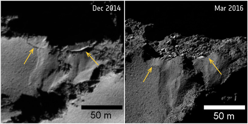 Oberwanie klifu w rejonie Ash. Zdjęcie po lewej wykonano 2 grudnia 2014 roku (przed zbliżeniem do Słońca) i 12 marca 2016 roku, gdy kometa juz się oddalała /materiały prasowe