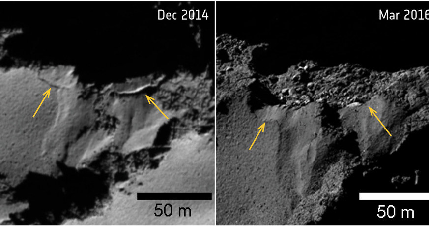 Oberwanie klifu w rejonie Ash. Zdjęcie po lewej wykonano 2 grudnia 2014 roku (przed zbliżeniem do Słońca) i 12 marca 2016 roku, gdy kometa juz się oddalała /materiały prasowe