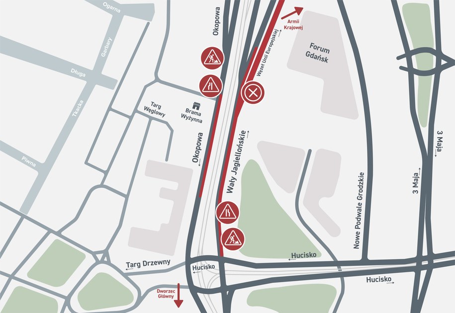 Objazd w związku z zamknięciem wjazdu na Aleję Armii Krajowej wyznaczona ulicą 3-go Maja /Urząd Miejski w Gdańsku /