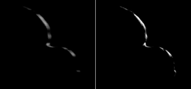 Obraz 2014 MU69 wykonany z pomocą kamery Long Range Reconnaissance Imager (LORRI) sondy New Horizons 10 minut po przelocie. Obraz po lewej jest średnią 10 zdjęć, obraz po prawej został cyfrowo poprawiony dla usunięcia efektu poruszenia. /Fot. NASA/Johns Hopkins Applied Physics Laboratory/Southwest Research Institute/National Optical Astronomy Observatory /