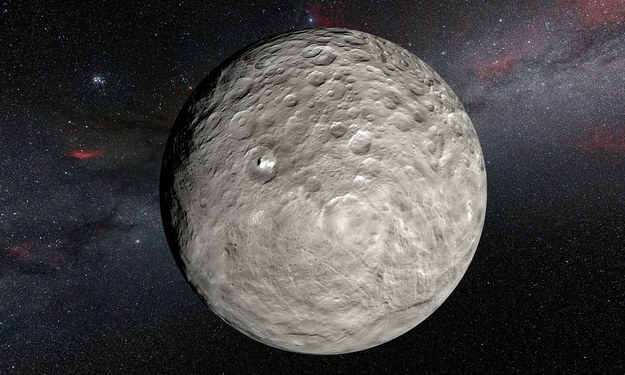 Obraz Ceres i jej białych plam na tle nieba /ESO/L.Calçada/NASA/JPL-Caltech/UCLA/MPS/DLR/IDA/Steve Albers/N. Risinger (skysurvey.org) /materiały prasowe