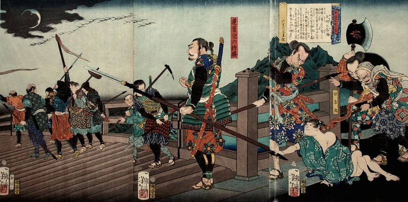 Obraz "Hiyoshimaru spotyka Koroku na Yahagibashi" - na plecach postaci w centralnym punkcie znajduje się ō-dachi /wikipedia.pl /domena publiczna
