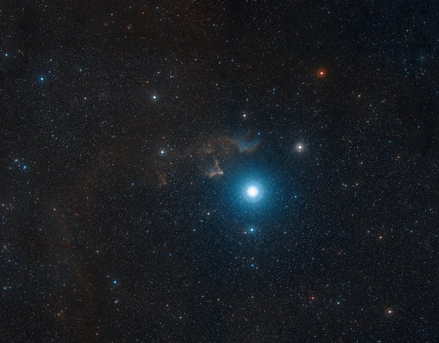 Obraz rejonu mgławicy IC 63, złożony z szeregu zdjęć wykjonanych w ramach programu Digitized Sky Survey 2. W środku dominuje gwiazda Gamma Cassiopeiae /ESA/Hubble, NASA, Digitized Sky Survey 2. Davide de Martin /Materiały prasowe