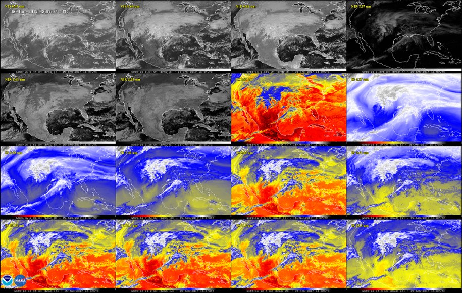 Obraz terenu USA w 16 kanałach aparatury ABI (Advanced Baseline Imager) /NOAA/NASA /materiały prasowe