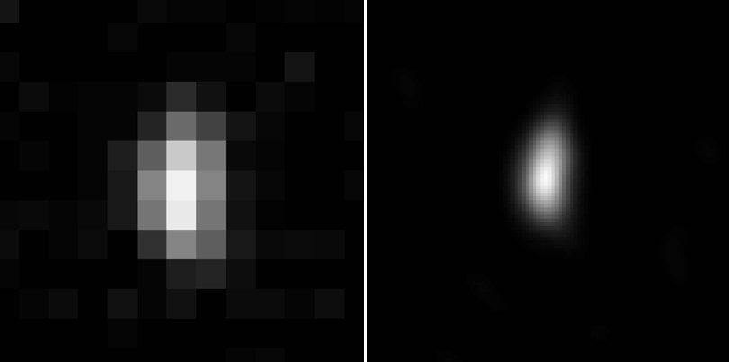 Obraz Ultima Thule przesłany na Ziemię 30 grudnia (po lewej) i złożenie kilku takich obrazów poprawiające jakość (po prawej) /NASA/Johns Hopkins University Applied Physics Laboratory/Southwest Research Institute /Materiały prasowe