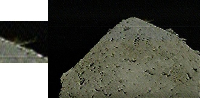 Obraz z DCAM 3 – materia wybita wskutek uderzenia SCI w Ryugu (po lewej zbliżenie na miejsce impaktu) /materiały prasowe