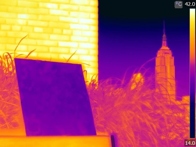 Obraz z kamery termowizyjnej pokazujący, że pokryta polimerem PDRC powierzchnia ma w słońcu znacznie niższą temperaturę, nież sąsiednia ściana. /Jyotirmoy Mandal/Columbia Engineering /Materiały prasowe
