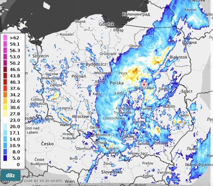 Obraz z radaru pokazuje miejscami intensywne opady deszczu / IMGW-PIB METEO POLSKA /