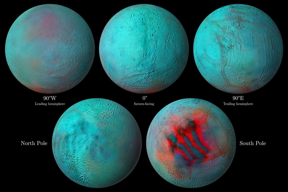 Obrazy Enceladusa otrzymane z pomocą obswerwacji w podczerwieni przez sondę Cassini. Po prawej u dołu obraz bieguna południowego księżyca, gdzie występują gejzery /NASA/JPL-Caltech/University of Arizona/LPG/CNRS/University of Nantes/Space Science Institute /Materiały prasowe