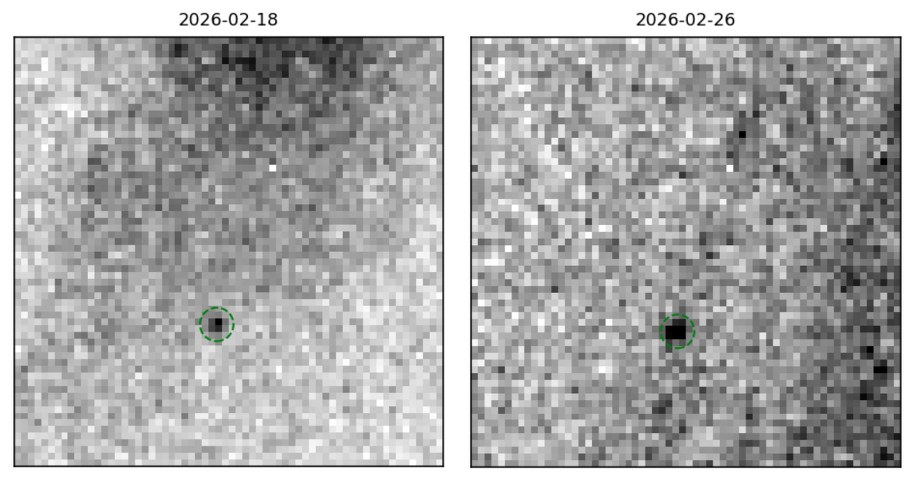 Obrazy planetoidy 2024 YR4 z 18 i 26.02.2026 pozwoliły doprecyzować jej trajektorię. /NASA, ESA, CSA, STScI, M. Micheli (ESA NEOCC) /Materiały prasowe